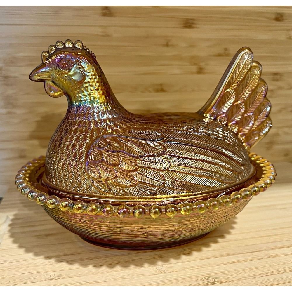 Amber Iridescent Carnival Glass Hen on Nest Covered Dish Rainbow Reflections EUC